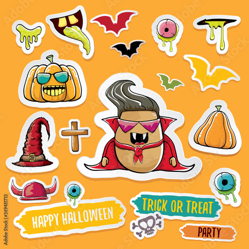 Vector halloween sticker icons set with dracula, witch hat, scary pumpkin, bat , skull, happy halloween text, demon and zombie eyes, wooden cemetry cross, monsters isolated on orange background.