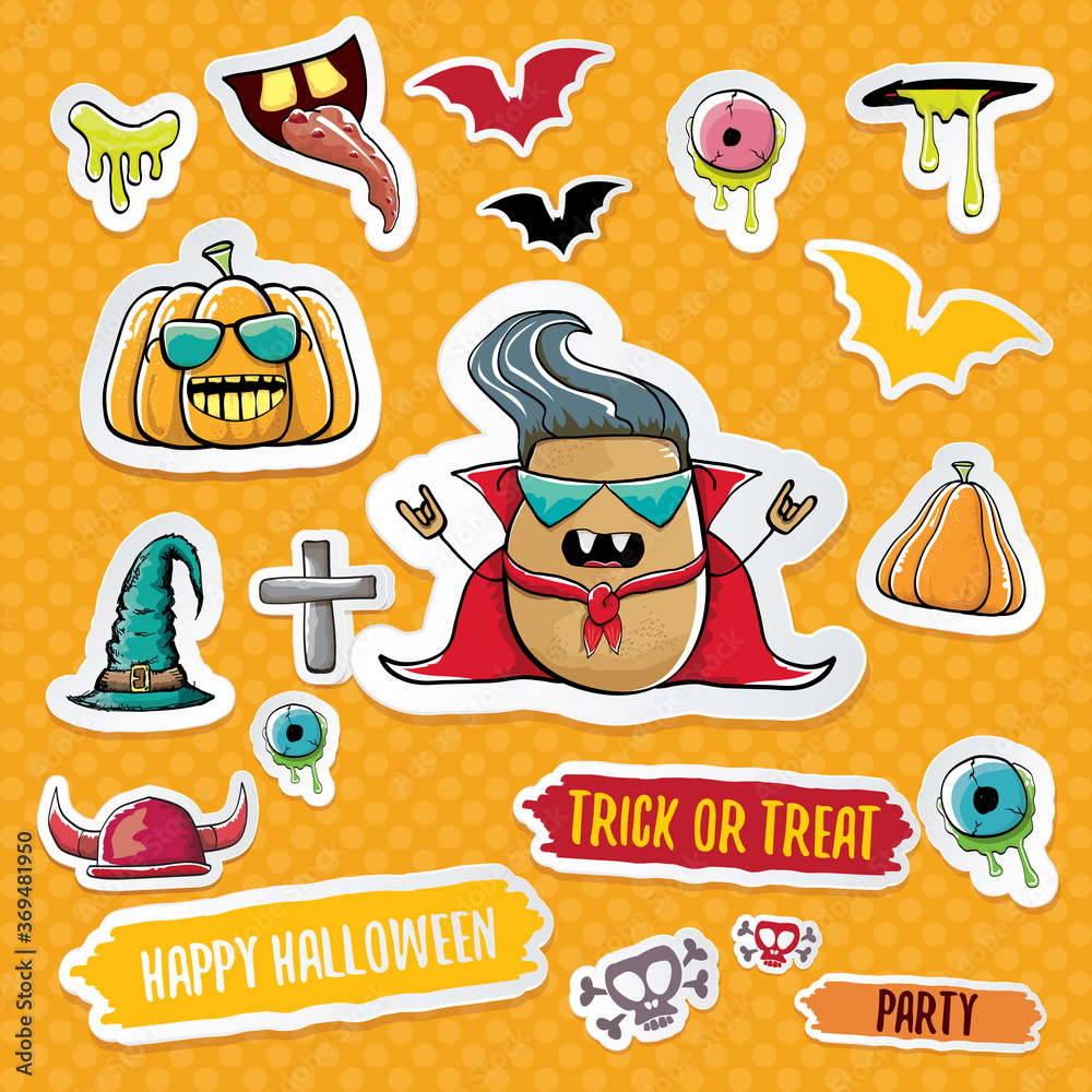 Fototapeta premium Vector halloween sticker icons set with dracula, witch hat, scary pumpkin, bat , skull, happy halloween text, demon and zombie eyes, wooden cemetry cross, monsters isolated on orange background.
