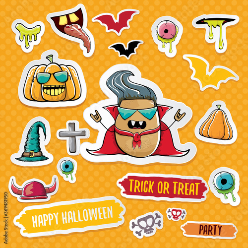 Vector halloween sticker icons set with dracula, witch hat, scary pumpkin, bat , skull, happy halloween text, demon and zombie eyes, wooden cemetry cross, monsters isolated on orange background.