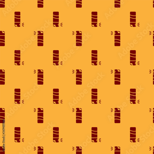 Red Pepper spray icon isolated seamless pattern on brown background. OC gas. Capsicum self defense aerosol. Vector.