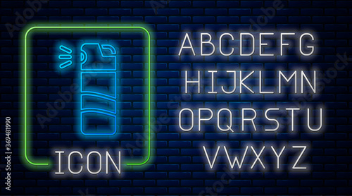 Glowing neon Pepper spray icon isolated on brick wall background. OC gas. Capsicum self defense aerosol. Neon light alphabet. Vector.