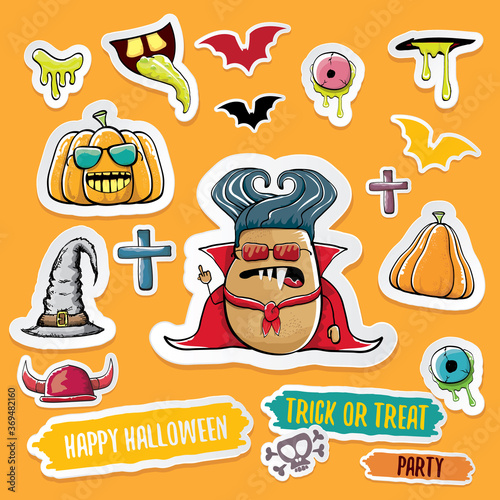 Vector halloween sticker icons set with dracula, witch hat, scary pumpkin, bat , skull, happy halloween text, demon and zombie eyes, wooden cemetry cross, monsters isolated on orange background.