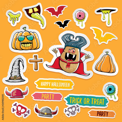 Vector halloween sticker icons set with dracula, witch hat, scary pumpkin, bat , skull, happy halloween text, demon and zombie eyes, wooden cemetry cross, monsters isolated on orange background.