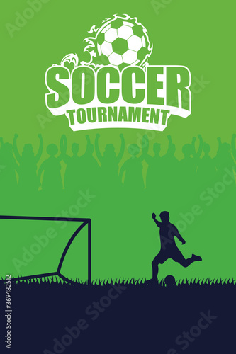 soccer sport emblem poster with player kicking penalty
