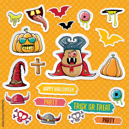 Vector halloween sticker icons set with dracula, witch hat, scary pumpkin, bat , skull, happy halloween text, demon and zombie eyes, wooden cemetry cross, monsters isolated on orange background.