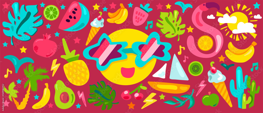 Fototapeta premium Tropical summer flat illustrations set