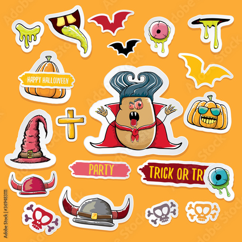 Vector halloween sticker icons set with dracula, witch hat, scary pumpkin, bat , skull, happy halloween text, demon and zombie eyes, wooden cemetry cross, monsters isolated on orange background.