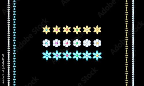 Set of multi-colored diamonds of different facets on a black background.