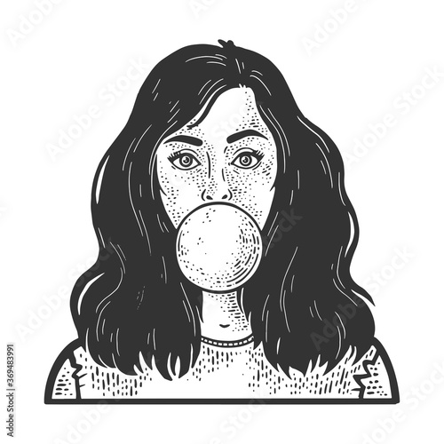girl blows bubble gum sketch engraving vector illustration. T-shirt apparel print design. Scratch board imitation. Black and white hand drawn image.