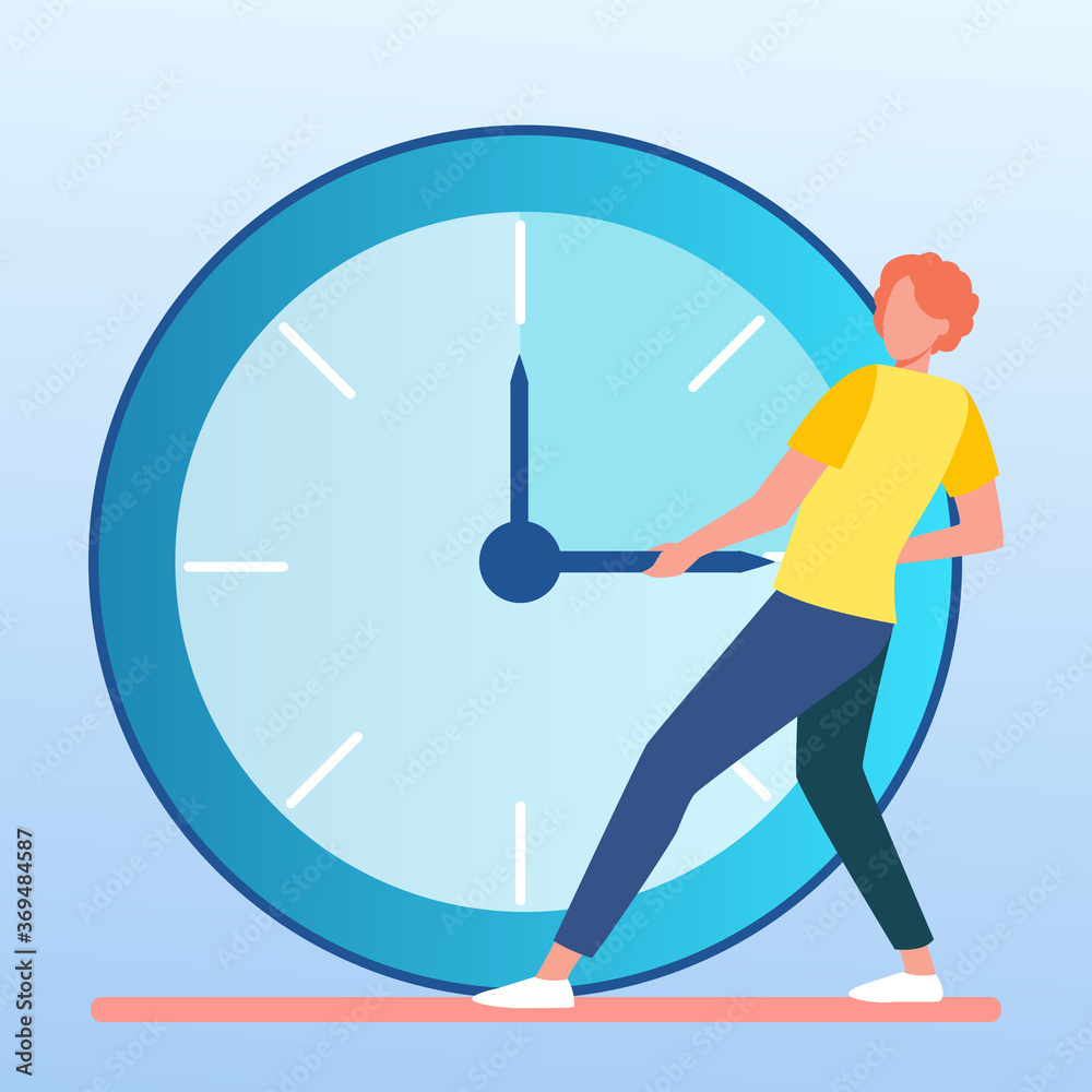 Guy moving clock hands. Man stopping time flat vector illustration. Time management, planning failure, deadline concept for banner, website design or landing web page