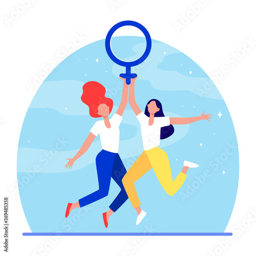 Two girls holding female symbol. Women with venus sign celebrating woman day flat vector illustration. Girl power, empowerment, feminism concept for banner, website design or landing web page