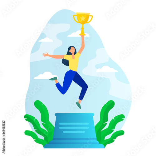 Woman celebrating victory. Girl holding gold cup on winner podium flat vector illustration. Winning, success, achievement concept for banner, website design or landing web page