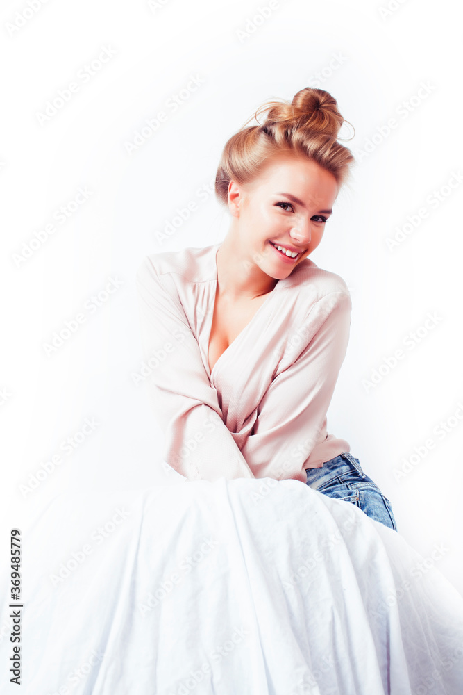 young pretty blond woman laying in bed isolated on white background, lifestyle people concept young pretty blond woman laying in bed isolated on white background, lifestyle people concept