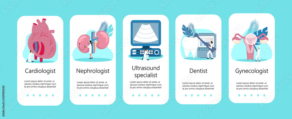 Cardiology doctor, therapist and kidney treatment concept vector. Pyelonephritis and kidney stones diseases are shown. Ultrasound specialist and dentist
