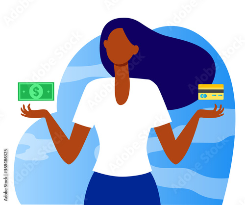 Cash vs credit card. Woman choosing between money and plastic card flat vector illustration. Payment, finance, budget concept for banner, website design or landing web page