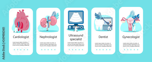 Cardiology doctor, therapist and kidney treatment concept vector. Pyelonephritis and kidney stones diseases are shown. Ultrasound specialist and dentist