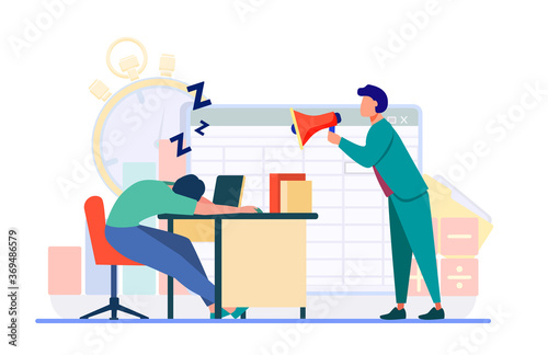 Manager with megaphone shouting at sleepy employee. Tired office worker, angry boss flat vector illustration. Exhaustion, fatigue concept for banner, website design or landing web page