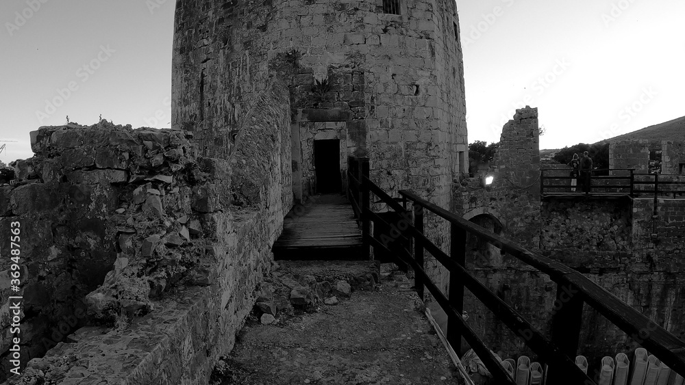 Walls and tower of the Trogir Fortress Kamerlengo. Clear sky. Walls and tower of the Trogir Fortress Kamerlengo. Clear sky.