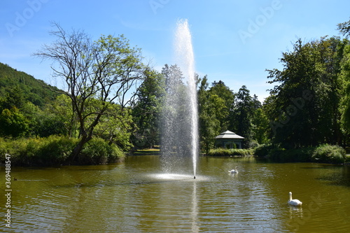 Teich mit Wasserfontäne im Kurpark von Bad Wildungen/Reinhardshausen