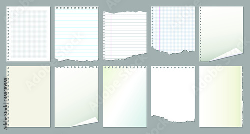 Set of white blank notebook pages. Sheet of white paper with curled corner. Ripped paper pieces for notes. Vector illustration