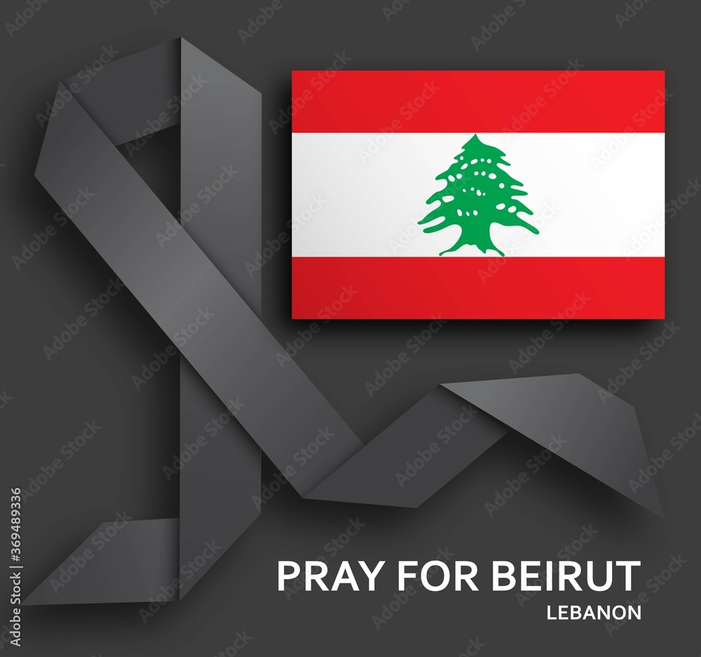 Fototapeta premium Módlcie się o tło Bejrutu z czarną wstążką i flagą
