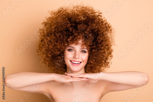 Close up photo beautiful foxy she her wear no clothes nude lady amazing ideal body hair skin condition new stylist curls perms roller curlers tint wellness vitality isolated beige pastel background