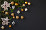 Christmas decoration  on  black background.  Merry Christmas and Happy Holidays.
Flat lay disign.