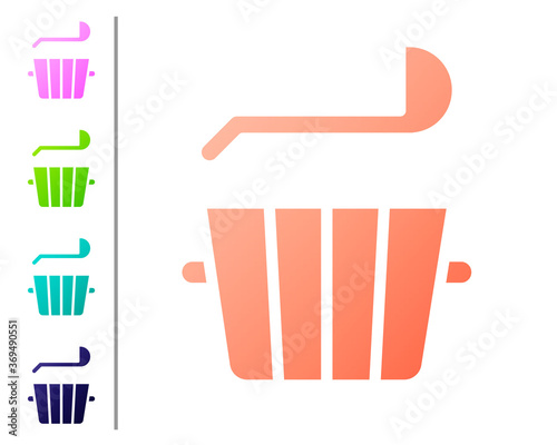 Coral Sauna bucket and ladle icon isolated on white background. Set color icons. Vector.