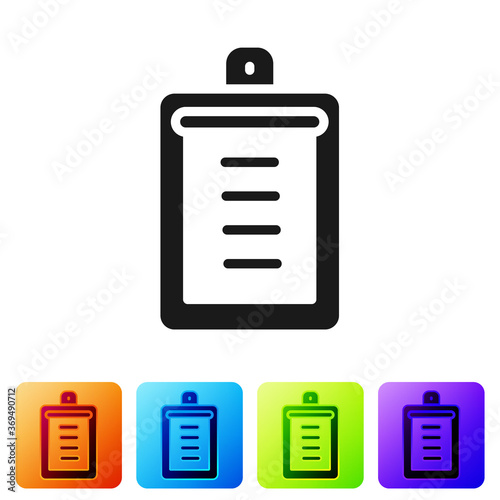 Black Clipboard with checklist icon isolated on white background. Control list symbol. Survey poll or questionnaire feedback form. Set icons in color square buttons. Vector.