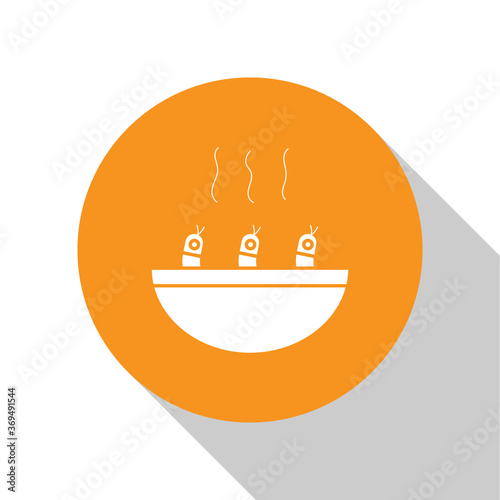 White Soup with shrimps icon isolated on white background. Tom yum kung soup. Orange circle button. Vector..