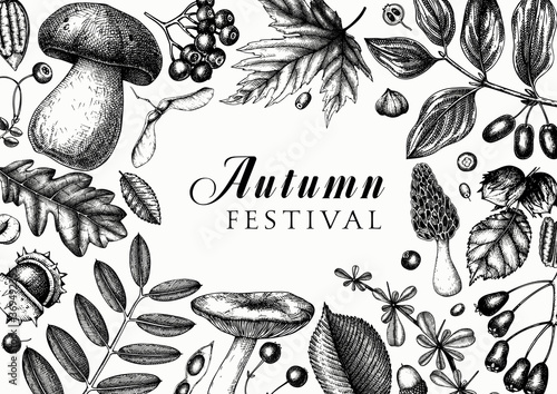 Hand sketched fall leaves wreath design. Autumn forest trendy background. Perfect for recipe, menu, label, icon, packaging. Vintage leaves, mushrooms, nuts, seeds template. Botanical illustration