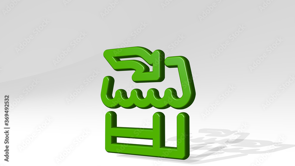 SHOP ARROW from a perspective with the shadow. A thick sculpture made of metallic materials of 3D rendering. illustration and background SHOP ARROW from a perspective with the shadow. A thick sculpture made of metallic materials of 3D rendering. illustration and background