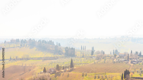 Early foggy morning. Beautiful spring landscape in Tuscany, Italy, Europe
