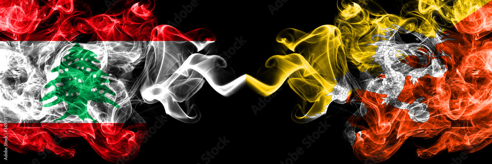 Lebanon vs Bhutan, Bhutanese smoky mystic flags placed side by side. Thick colored silky abstract smoke flags. Lebanon vs Bhutan, Bhutanese smoky mystic flags placed side by side. Thick colored silky abstract smoke flags.
