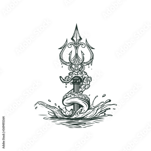 Trident octopus handdrawn