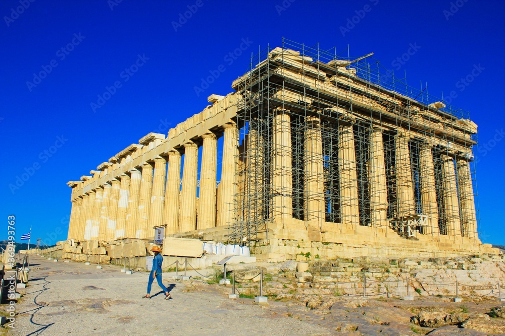 Naklejka premium Greece, Athens, June 16 2020 - View of the archaeological site of Acropolis hill with Parthenon temple in the background.