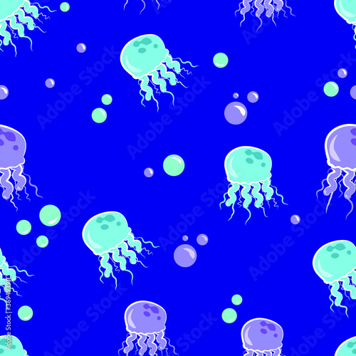 Fototapeta Seamless pattern with bubbles and jelyfish