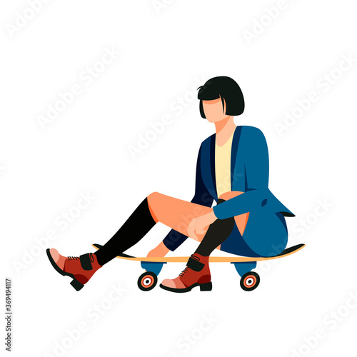 Isolated on white woman sitting on a skateboard vector illustration. Girl riding a board design element. Modern activity, urban vehicle in flat cartoon style.