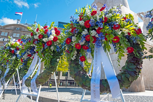 Amsterdam, Netherlands - May 5, 2020: Wreaths at the National Monument on the occasion of remembrance of the worldwar II in Amsterdam the Netherlands