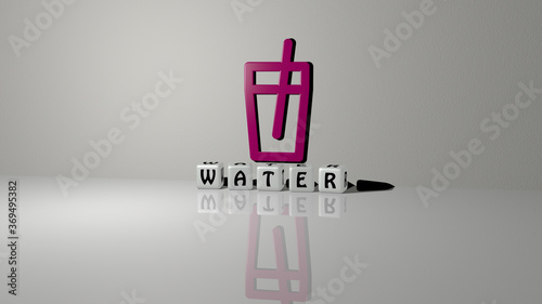 3D representation of WATER with icon on the wall and text arranged by metallic cubic letters on a mirror floor for concept meaning and slideshow presentation. background and blue photo