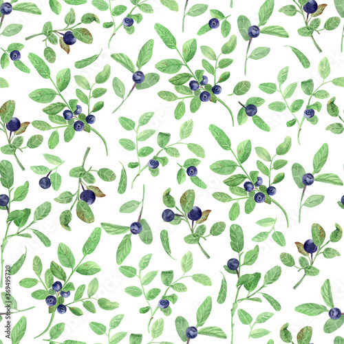 Watercolor seamless pattern with  branches blueberries of   and green leaves  on white background. Beautiful textile print. Great for fabrics, wrapping papers, wallpapers, linens