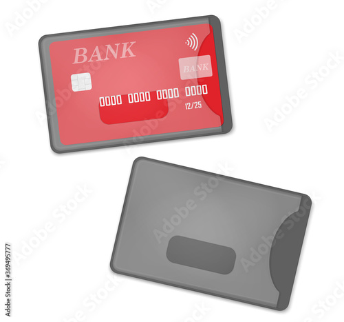 Transparent plastic card holder isolated on white background. Clear credit card sleeve. Vector template.