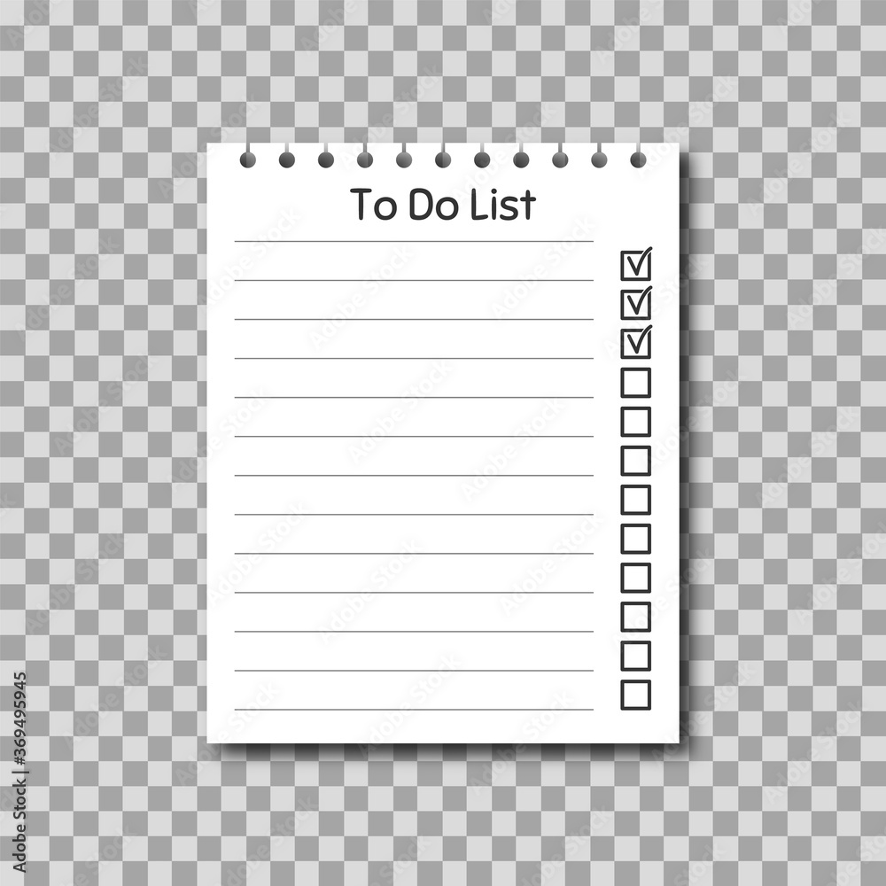Planner and to do list on transparent background. Realistic white paper with checkmark Planner and to do list on transparent background. Realistic white paper with checkmark