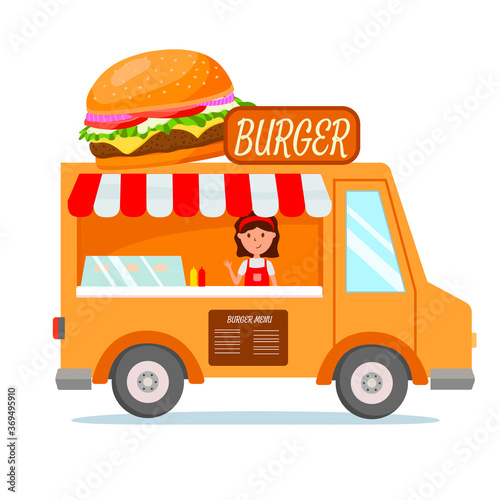 Bright food truck with burgers With girl inside. Big burger on top of the truck. Burger menu and sign on top. Orange car delivery. Food festival. Vector isolated.