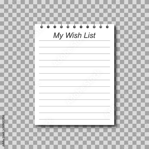 Wishlist on transparent background. Realistic white paper for your wishes