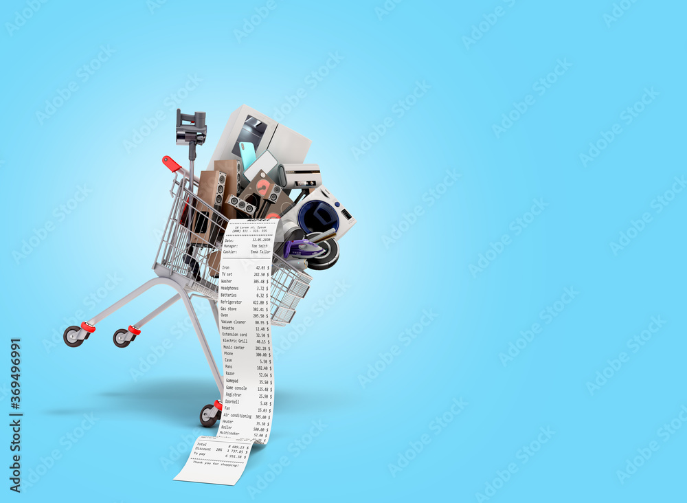 Home appliances in the shopping cart internet commerce or online shopping concept 3d render on blue gradient Home appliances in the shopping cart internet commerce or online shopping concept 3d render on blue gradient