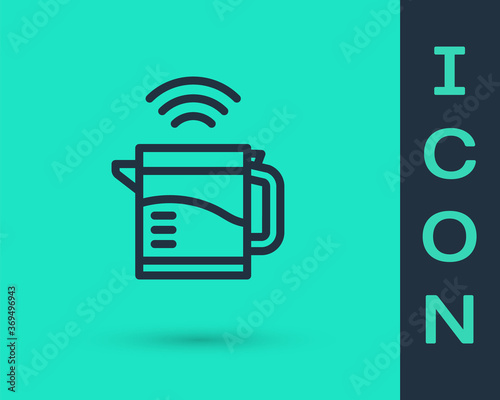 Black line Smart electric kettle system icon isolated on green background. Teapot icon. Internet of things concept with wireless connection. Vector.