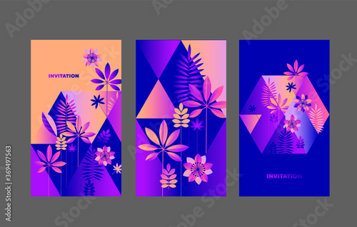 Neon colors abstract flowers and leaves