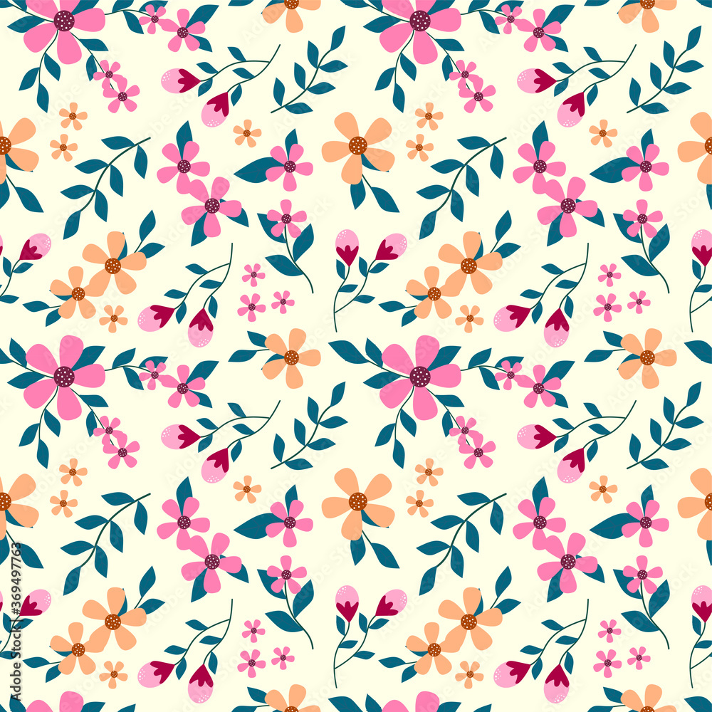 Cute pink hand drawn flower on blue background seamless pattern Cute pink hand drawn flower on blue background seamless pattern