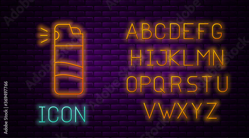 Glowing neon line Pepper spray icon isolated on brick wall background. OC gas. Capsicum self defense aerosol. Neon light alphabet. Vector.